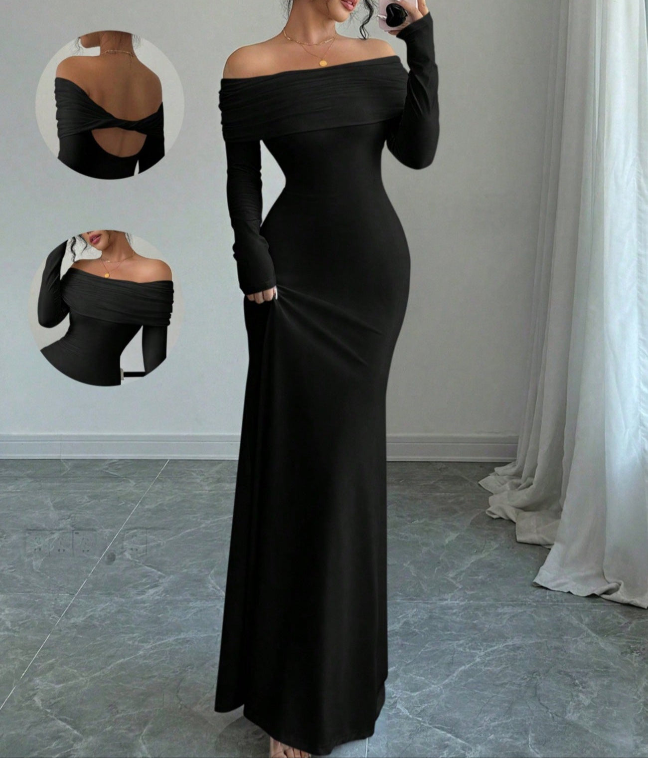 Melanie | Dames Off-Shoulder Avondjurk – Slim Fit, Gerimpeld & Elegante Lange Maxi
