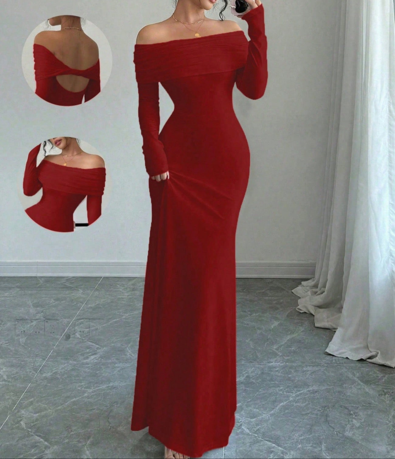Melanie | Dames Off-Shoulder Avondjurk – Slim Fit, Gerimpeld & Elegante Lange Maxi