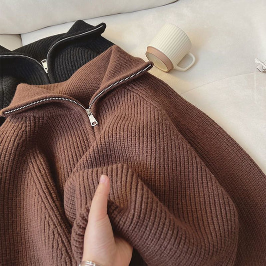 Ella | Dames Gebreide Trui – Dikke Knit met Rits & Reverskraag
