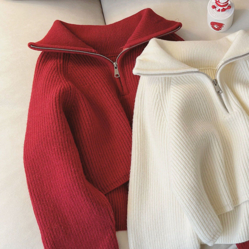 Ella | Dames Gebreide Trui – Dikke Knit met Rits & Reverskraag