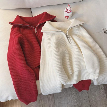 Ella | Dames Gebreide Trui – Dikke Knit met Rits & Reverskraag