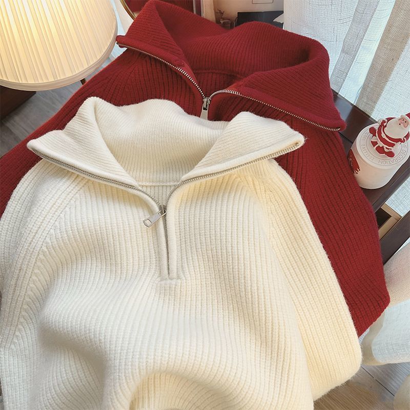 Ella | Dames Gebreide Trui – Dikke Knit met Rits & Reverskraag
