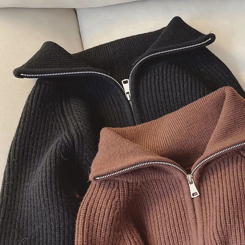 Ella | Dames Gebreide Trui – Dikke Knit met Rits & Reverskraag