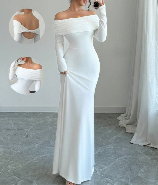 Melanie | Dames Off-Shoulder Avondjurk – Slim Fit, Gerimpeld & Elegante Lange Maxi