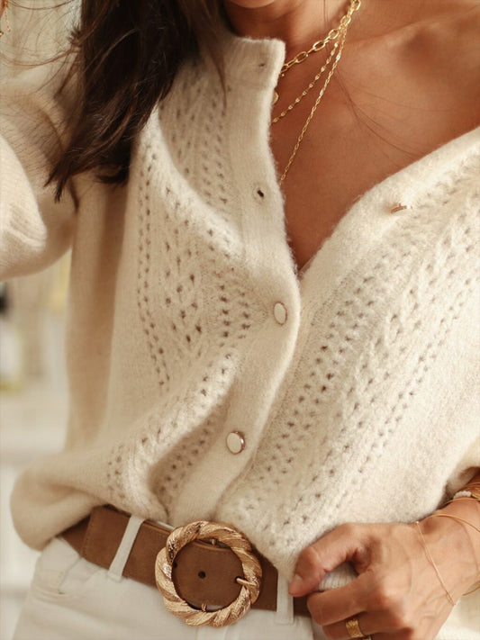 Lena | Dames Cardigan – Effen Kleur, Gehaakt Opengewerkt Design