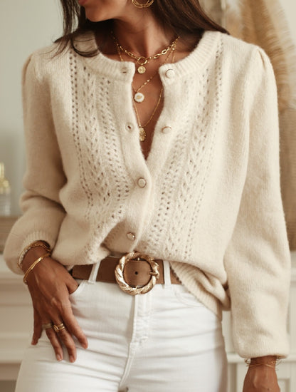 Lena | Dames Cardigan – Effen Kleur, Gehaakt Opengewerkt Design