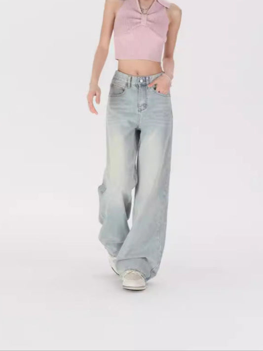 Yasmin | Vintage Dames Jeans – Hoge Taille, Lichtblauw, Wijde Rechte Pijp, Floor-Length