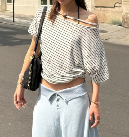 Nana | Off-Shoulder Dames T-shirt met Kralen – Tencel Wolmix, Gestreept