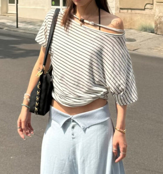 Nana | Off-Shoulder Dames T-shirt met Kralen – Tencel Wolmix, Gestreept