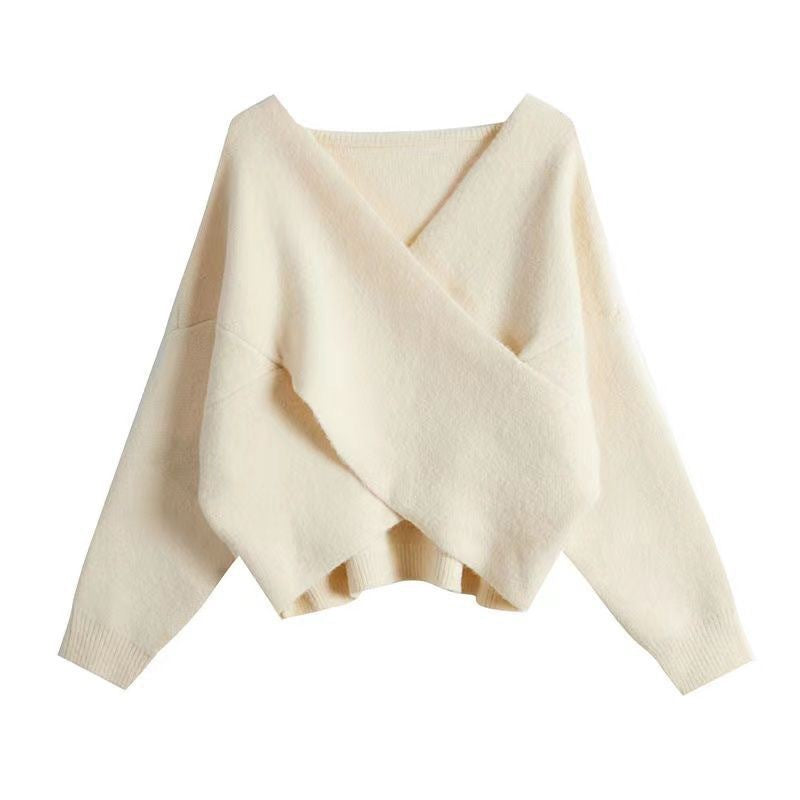 Zarina | Franse Vintage Gebreide Trui – Kruis V-hals, Kort & Asymmetrisch