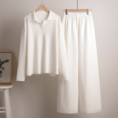 Paulien | Dames Gebreide Set – Polo Trui & Wijde Broek