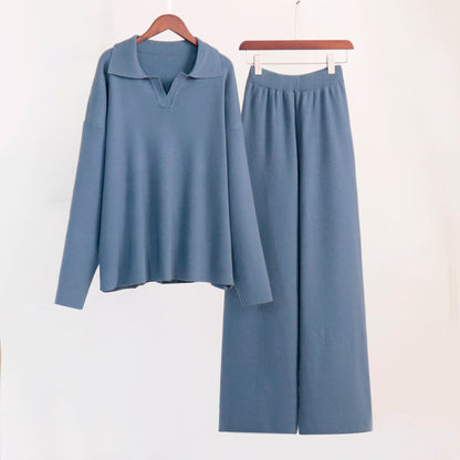 Paulien | Dames Gebreide Set – Polo Trui & Wijde Broek