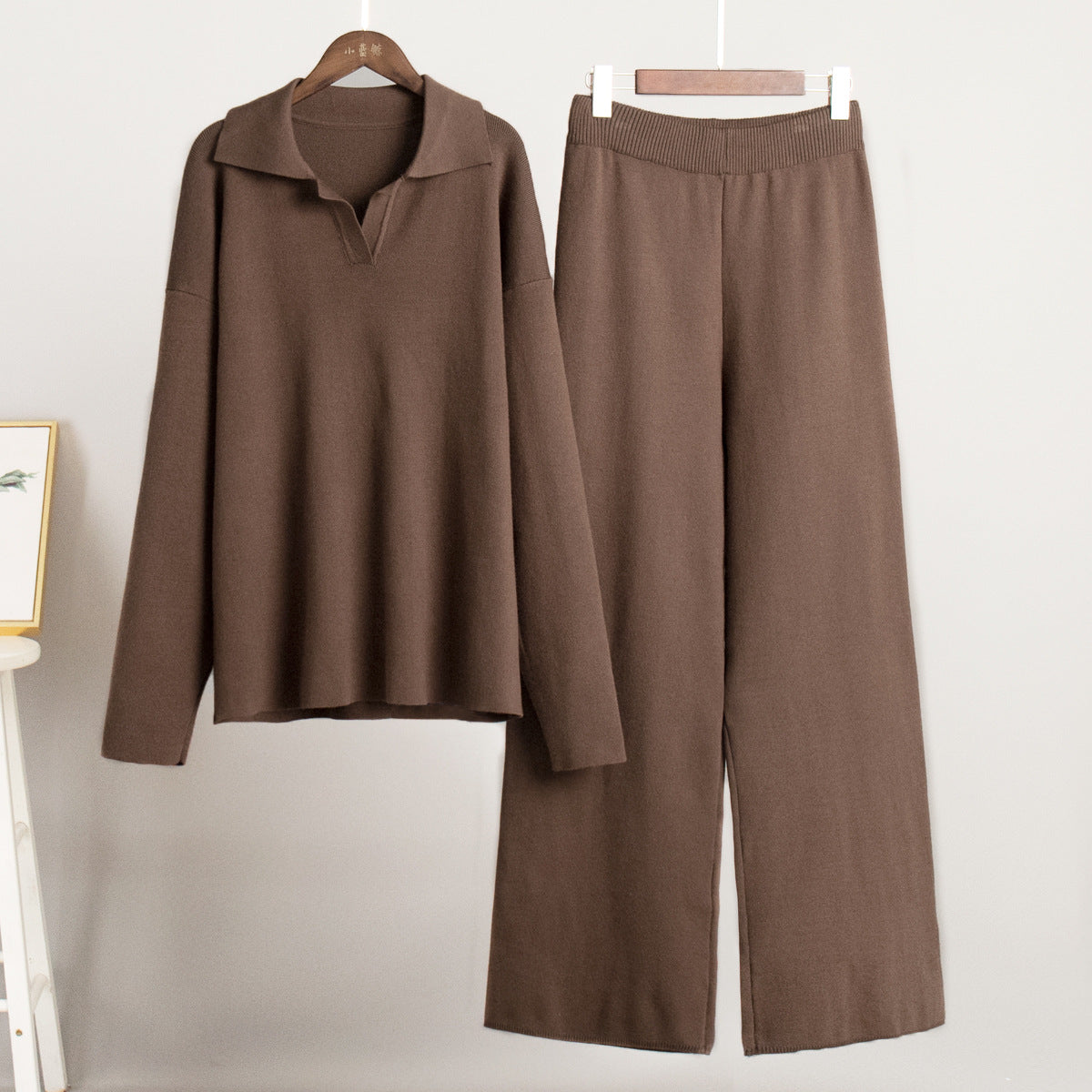 Paulien | Dames Gebreide Set – Polo Trui & Wijde Broek