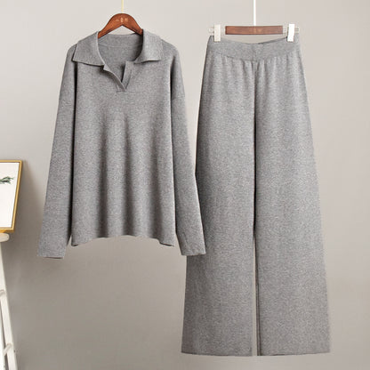Paulien | Dames Gebreide Set – Polo Trui & Wijde Broek