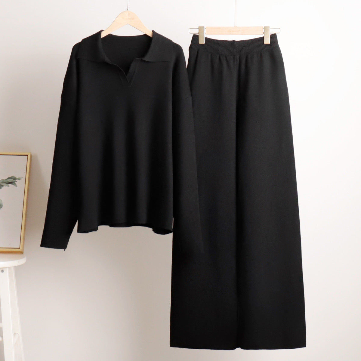 Paulien | Dames Gebreide Set – Polo Trui & Wijde Broek