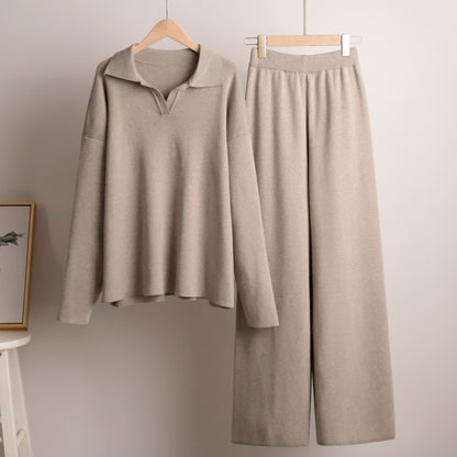 Paulien | Dames Gebreide Set – Polo Trui & Wijde Broek