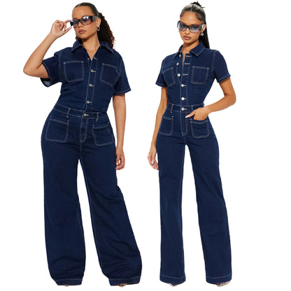 Riana | Dames Denim Jumpsuit – Korte Mouw, Flared Leg & Relaxte Pasvorm