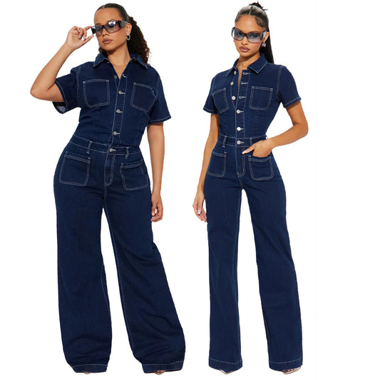 Riana | Dames Denim Jumpsuit – Korte Mouw, Flared Leg & Relaxte Pasvorm