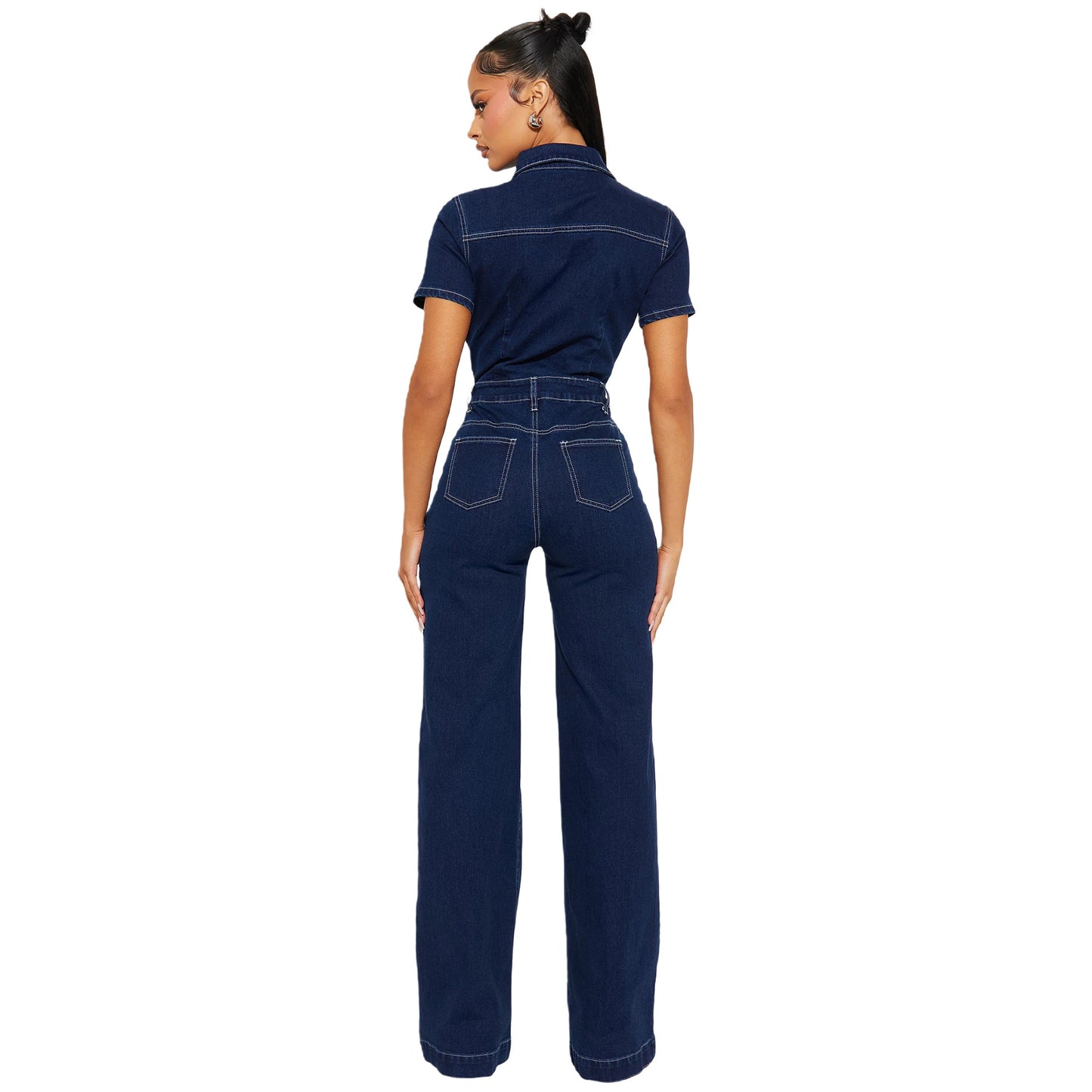 Riana | Dames Denim Jumpsuit – Korte Mouw, Flared Leg & Relaxte Pasvorm