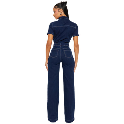Riana | Dames Denim Jumpsuit – Korte Mouw, Flared Leg & Relaxte Pasvorm