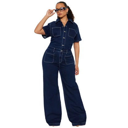 Riana | Dames Denim Jumpsuit – Korte Mouw, Flared Leg & Relaxte Pasvorm