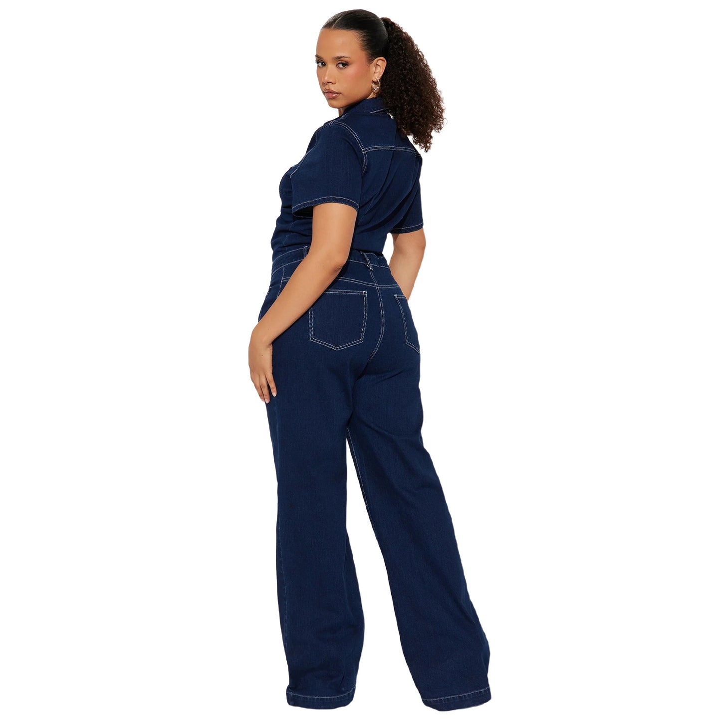 Riana | Dames Denim Jumpsuit – Korte Mouw, Flared Leg & Relaxte Pasvorm